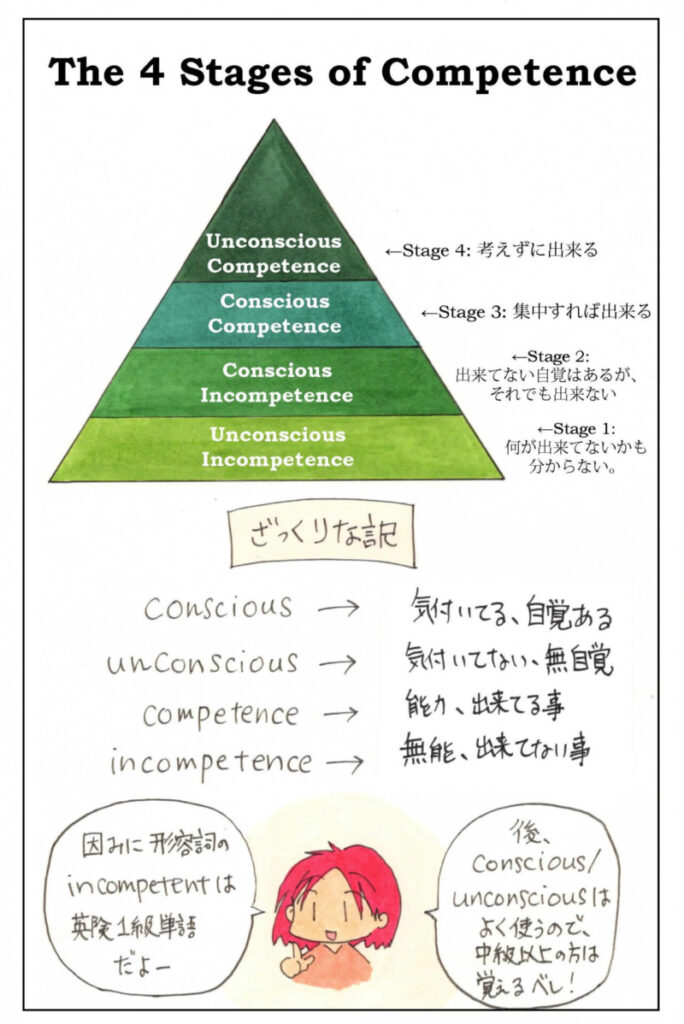 学習の4段階ピラミッドのイラスト付き。Competence/incompetence/conscious/unconscious 説明付き